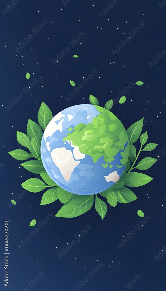 Fototapeta premium A stylized Earth surrounded by vibrant green leaves against a dark blue, starry backdrop