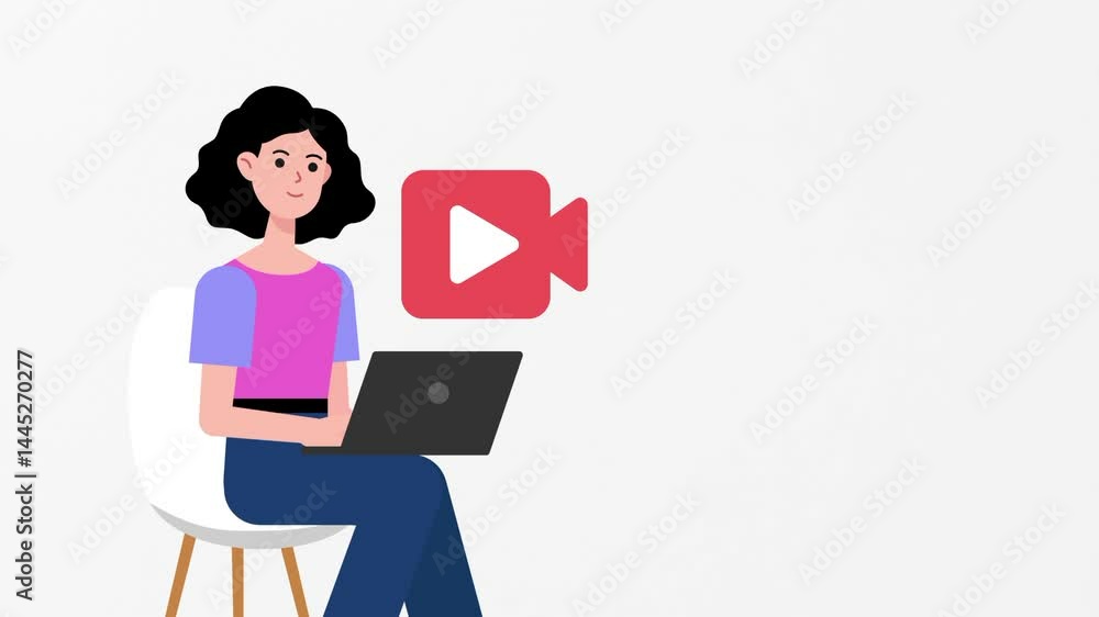 Female watching laptop with video content and bitcoin cryptocurrency money icon sign symbols. Making money online concept. Vector animation, motion graphic footage. Isolated white screen background Female watching laptop with video content and bitcoin cryptocurrency money icon sign symbols. Making money online concept. Vector animation, motion graphic footage. Isolated white screen background
