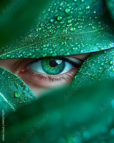 A vibrant green eye peeks from behind dew-kissed leaves