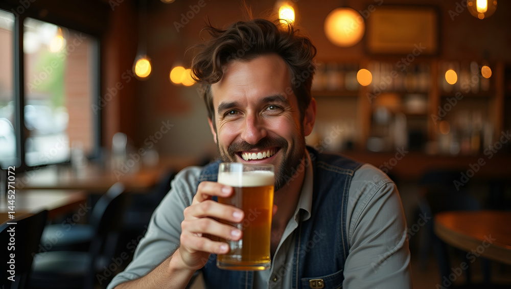 Portrait of a smiling man sipping golden beer from glass at a cozy pub bar highlighting relaxed expression warm lighting and authentic social ambiance in Photo Stock Concept and empty space on the Portrait of a smiling man sipping golden beer from glass at a cozy pub bar highlighting relaxed expression warm lighting and authentic social ambiance in Photo Stock Concept and empty space on the