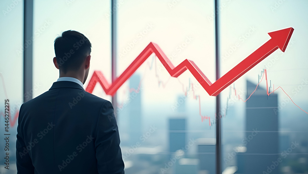 Professional visualization of downtrend combined with market fear indicators red arrow emphasis and trader silhouette in polarizing color scheme in Photo Stock Concept and empty space on the left s Professional visualization of downtrend combined with market fear indicators red arrow emphasis and trader silhouette in polarizing color scheme in Photo Stock Concept and empty space on the left s