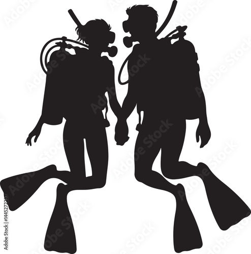 silhouette design of couple scuba diver vector art illustration isolated on transparent background