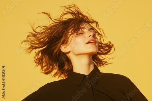Woman with windswept hair, yellow background