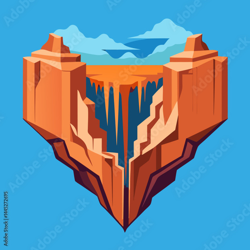 Heart-shaped mountain with a waterfall cascading into a serene lake below, surrounded by lush greenery.
