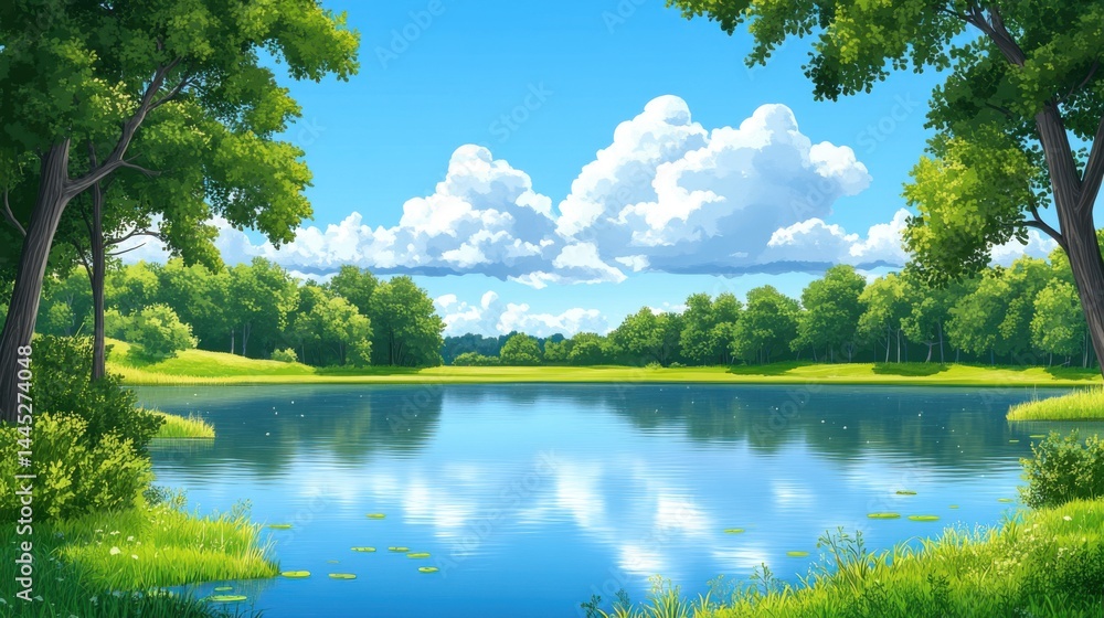 Fototapeta premium Serene Landscape with Crystal Clear Lake and Lush Greenery Under Clouds