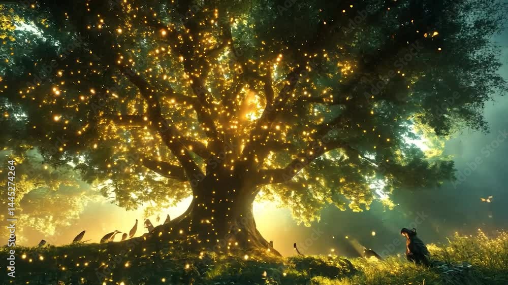 Magical forest with luminous tree and animals. Magical forest with luminous tree and animals.