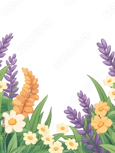 Colorful floral border with lavender, daisies, and other blooms on a white background