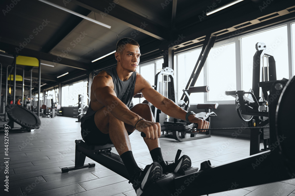Fototapeta Determined attractive male using rowing machine in contemporary gym. Fit young man working out on rowing equipment at fitness center. Weight loss and cardio exercise concept