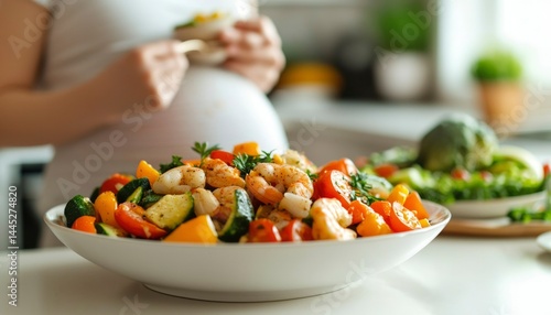 Pregnant woman eating healthy salad