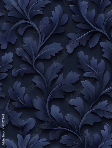 Dark blue, embossed floral pattern; swirling leaves and vines create a repeating texture