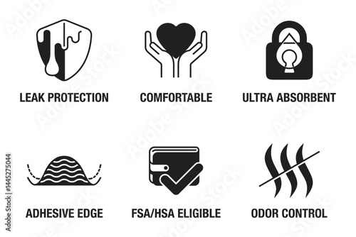 Panty liners properties icons set for labeling in monochrome style