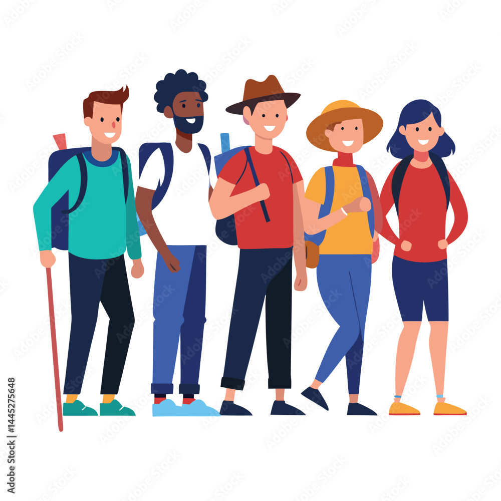 Diverse group of hikers character set multicultural design vector illustration