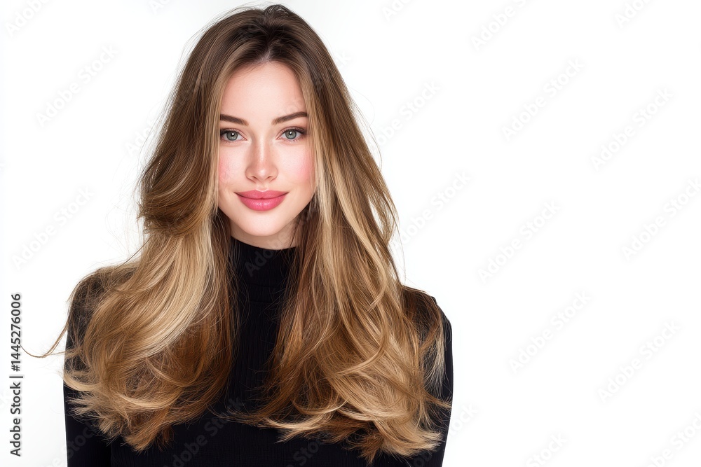 Model with long, styled hair poses confidently in a studio setting during a photoshoot Model with long, styled hair poses confidently in a studio setting during a photoshoot