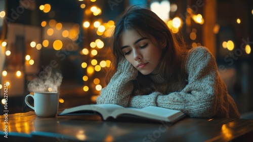 Cozy Moments: A Young Woman Reading at Night with a Warm Drink and Soft Lights