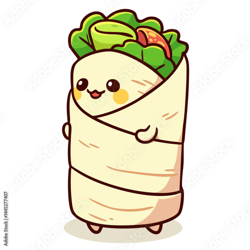 Happy vegetarian burrito sandwich wrap roll, doodle cartoon character, kawaii isolated cute clean and simple vector illustration