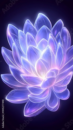 Glowing, translucent blue flower with soft purple hues, detailed petals, dark background