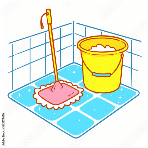 Mop broom and bucket of soapy water on sparking clean tiled floor, wet cleaning service, doodle cartoon isolated cute clean and simple vector illustration
