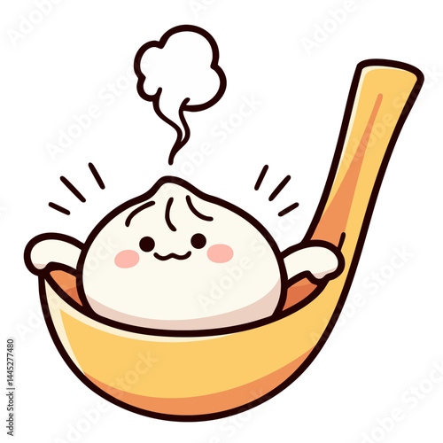 Happy steaming hot dumpling on wooden spoon ladle, doodle cartoon character, kawaii isolated cute clean and simple vector illustration