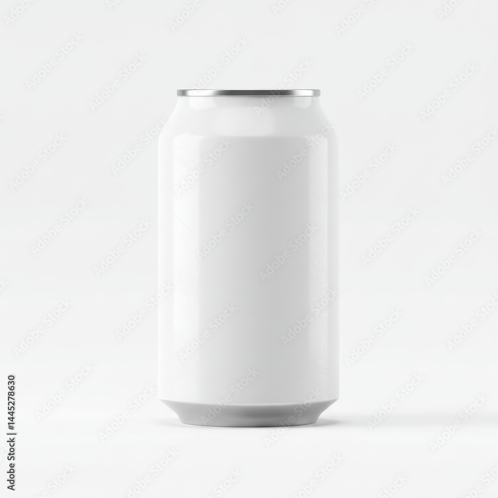 A blank white aluminum can with silver top and bottom standing on a white surface in a studio setting A blank white aluminum can with silver top and bottom standing on a white surface in a studio setting