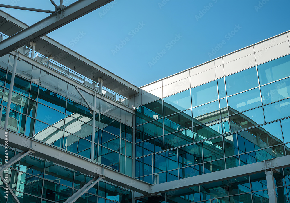 Obraz premium Modern Architecture Blue Glass Building Exterior with Sky and Steel Beams - Contemporary Urban Design.