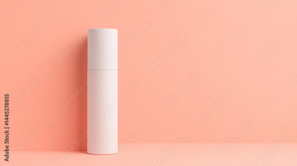 Modern minimalistic design featuring a sleek, cylindrical white bottle standing against a soft peach background, perfect for showcasing beauty or skincare products in your collection. Modern minimalistic design featuring a sleek, cylindrical white bottle standing against a soft peach background, perfect for showcasing beauty or skincare products in your collection.