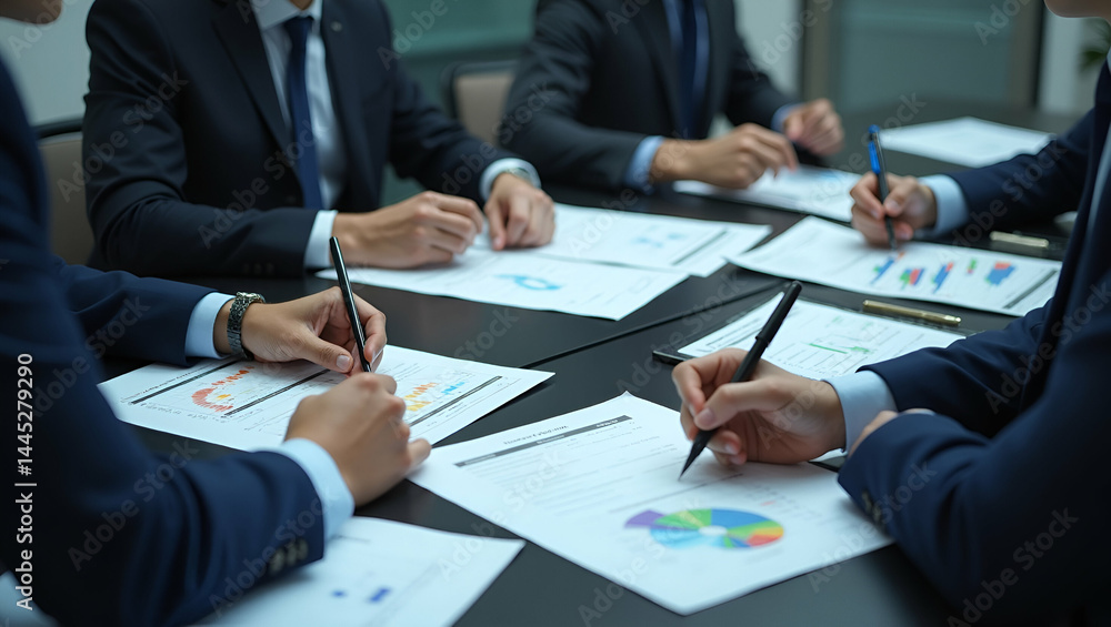 Business executives in crisis meeting evaluating market crash consequences with printed balance sheets and urgent market reports spread across conference table in Photo Stock Concept and empty spac Business executives in crisis meeting evaluating market crash consequences with printed balance sheets and urgent market reports spread across conference table in Photo Stock Concept and empty spac