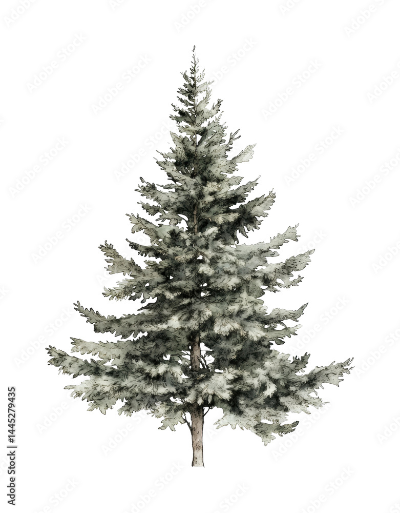 Fototapeta premium Snow-covered pine tree isolated against dark background