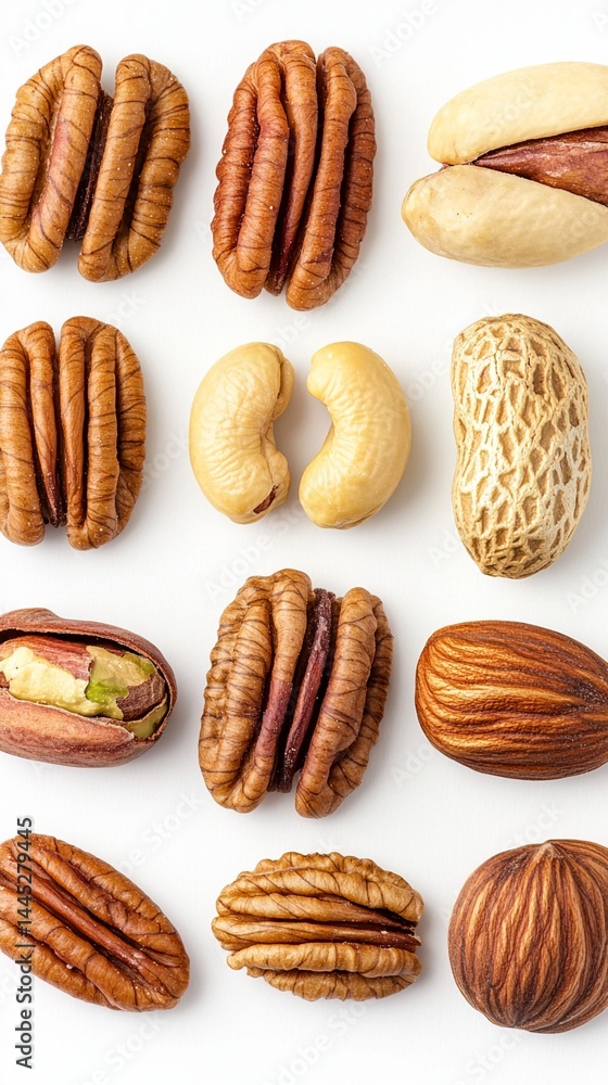 Delicious assortment of various nuts including pecans, cashews, and peanuts arranged artistically on a white background, perfect for culinary or health-related content. Delicious assortment of various nuts including pecans, cashews, and peanuts arranged artistically on a white background, perfect for culinary or health-related content.