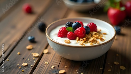 yogurt with muesli and berries on a wooden table