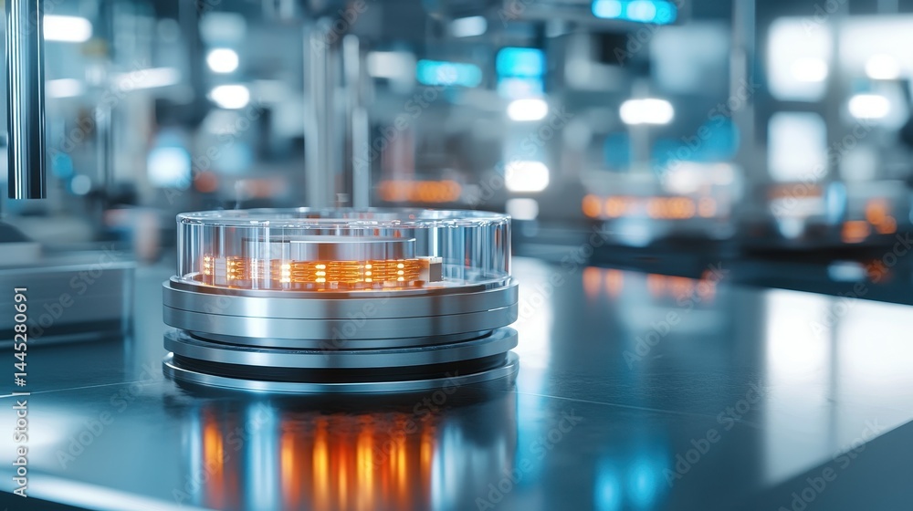 Close-up of a futuristic tech component illuminated in an industrial workspace. Close-up of a futuristic tech component illuminated in an industrial workspace.