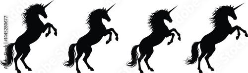 Rearing Unicorn Silhouette Collection - Magical Horse, Fantasy Creature Transparent on White Background AI Generative