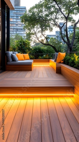 Modern outdoor deck with built-in seating, warm lighting, and city backdrop