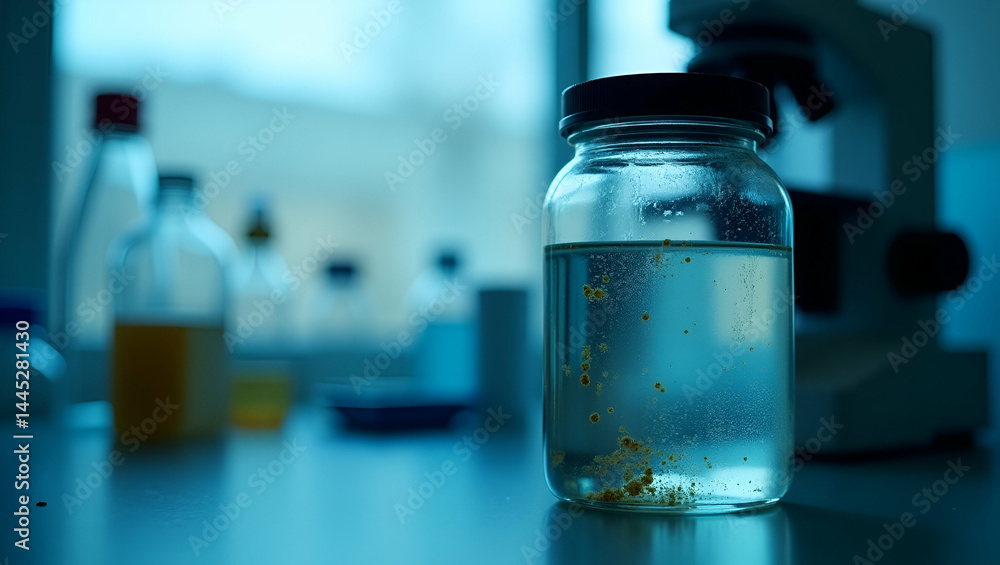 Visual Representation of Polluted Water Sample in Lab Bottle: Discoloration and Particulate Matter Analyzed Under Microscope - Stock Photo Concept with Empty Space for Text Visual Representation of Polluted Water Sample in Lab Bottle: Discoloration and Particulate Matter Analyzed Under Microscope - Stock Photo Concept with Empty Space for Text