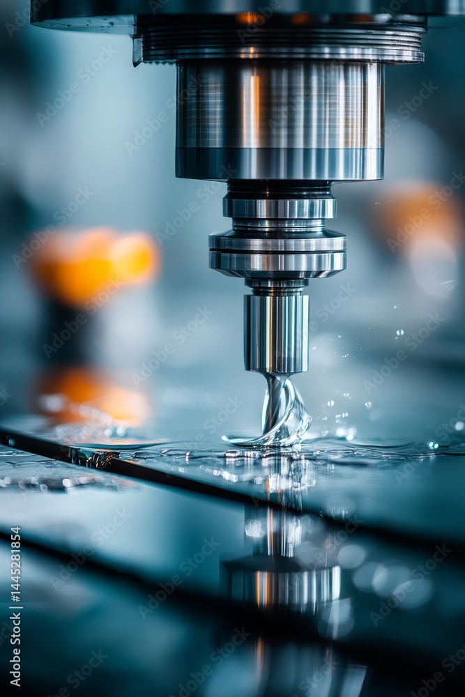 Industrial CNC Milling Machine Cutting Metal with Coolant - Precision Manufacturing Process, Close-Up View. Industrial CNC Milling Machine Cutting Metal with Coolant - Precision Manufacturing Process, Close-Up View.