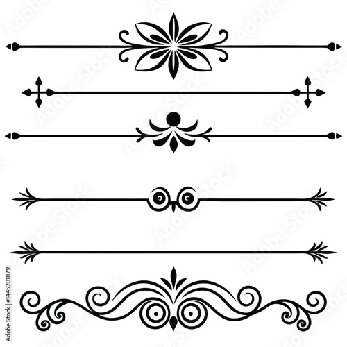 Decorative Line Dividers Set – Black Vector Horizontal Page Breaks with Symmetrical Designs
