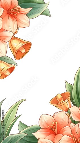 Peach blossoms and golden bells frame a white space