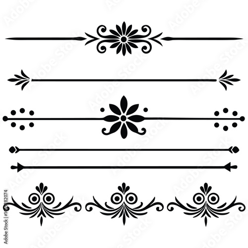Decorative Line Dividers Set – Black Vector Horizontal Page Breaks with Symmetrical Designs
