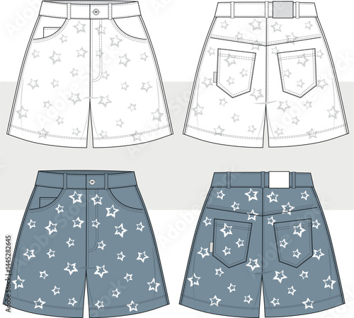 Women and girl denim mini short star embroidery detailed, fashion drawing, flat sketch, illustration. Front and Back view vector. Cad, Mockup.