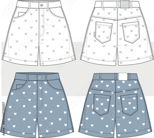 Women and girl denim mini short heart embroidery detailed, fashion drawing, flat sketch, illustration. Front and Back view vector. Cad, Mockup.