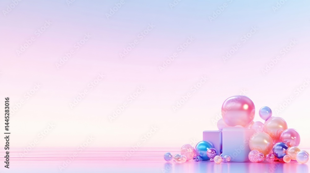 Pastel, geometric, and spherical forms create a soft, dreamy aesthetic. A collection of cubes and spheres in pastel hues of pink, peach, and light blue sit upon a reflective surface. A soft, Pastel, geometric, and spherical forms create a soft, dreamy aesthetic. A collection of cubes and spheres in pastel hues of pink, peach, and light blue sit upon a reflective surface. A soft,