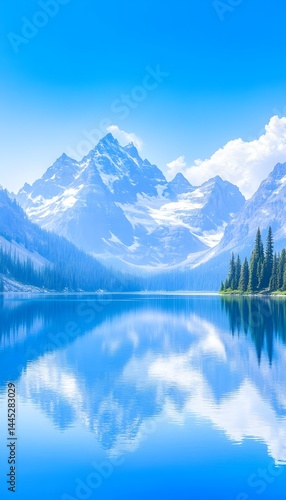 Wallpaper Mural Serene mountain lake reflecting a snow-capped peak under a vibrant blue sky Torontodigital.ca
