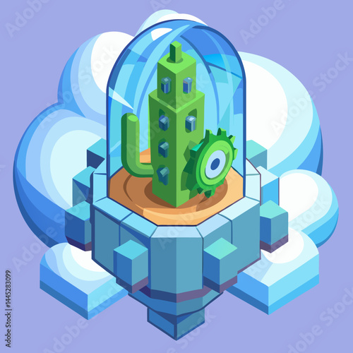 Cactus in a glass jar with fluffy clouds in the background, creating a serene and natural atmosphere.