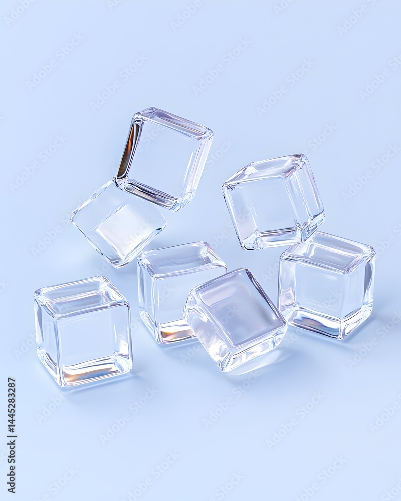 Several translucent ice cubes float against a light blue background Several translucent ice cubes float against a light blue background