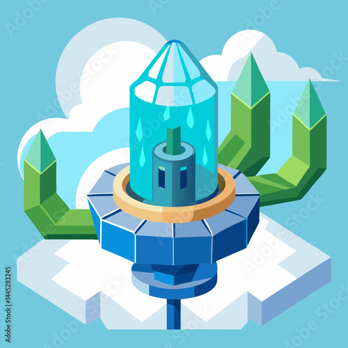 Cactus in a glass jar with fluffy clouds in the background, creating a serene and natural atmosphere.
