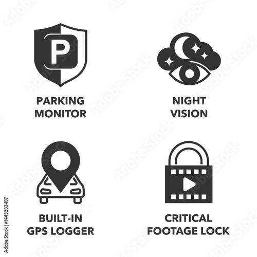 Dash camera icons - Parking monitor, Night vision, GPS logger, Critical lock. in monochrome