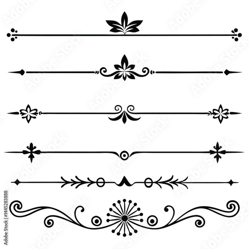 Decorative Line Dividers Set – Black Vector Horizontal Page Breaks with Symmetrical Designs
