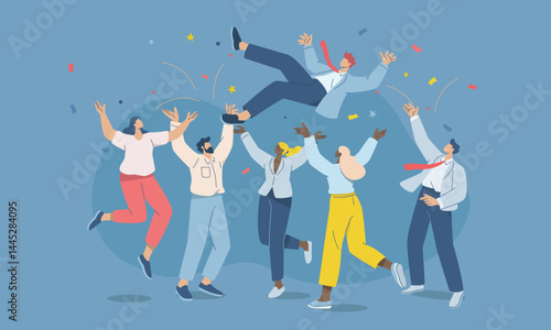 Group of men and women friends throwing man up in the air, Business team success, Businessmen cheering, celebrating success and happy, Celebration of victory. Flat vector design illustration.