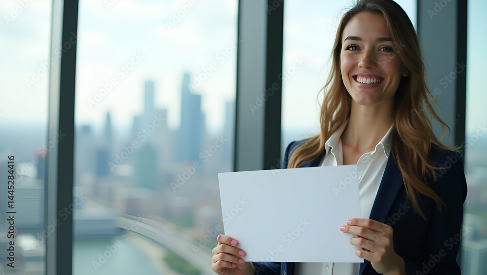 Young Professional Woman Celebrating Career Success with Job Offer Letter Against Modern Office Skyline - Stock Photo Concept with Space for Text Young Professional Woman Celebrating Career Success with Job Offer Letter Against Modern Office Skyline - Stock Photo Concept with Space for Text