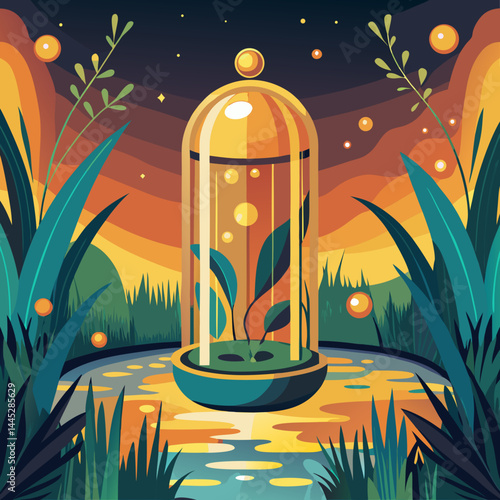A desert landscape featuring a serene pond surrounded by sand, with a modern glass dome reflecting the sunlight.