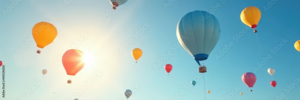 Fototapeta premium Vibrant sunlit balloons float against clear blue sky, cheerful, fun